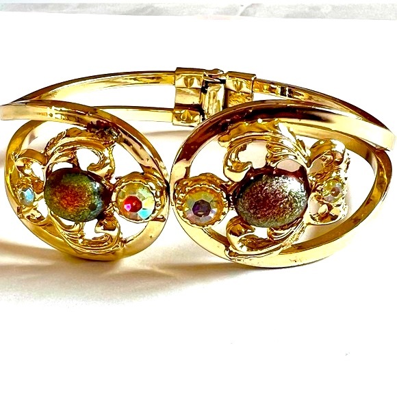 Vintage Hinged Clamper Style Bracelet AB Rhinestones Gold Tone Setting - Picture 4 of 13